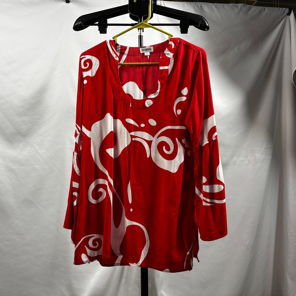 Escapada Red White Abstract Swirl Bell Sleeve Rayon Tunic Top Small Bohemian
